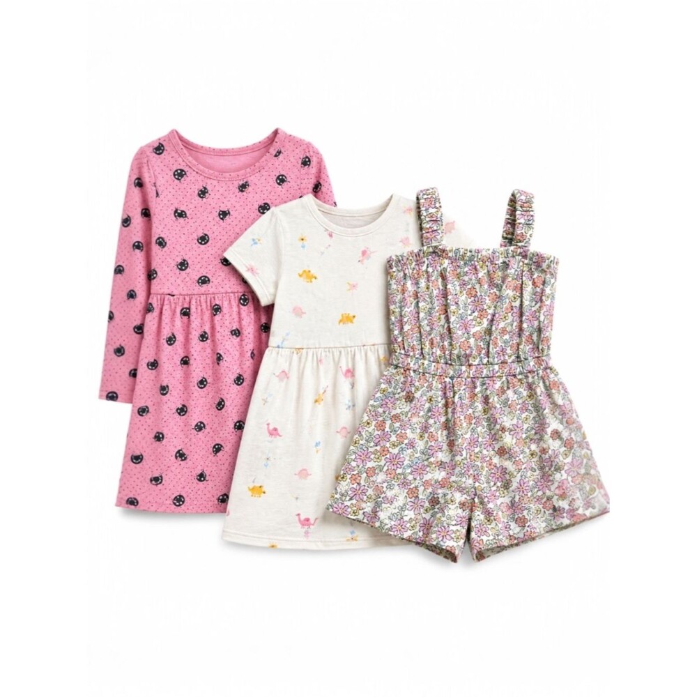 Old Navy Dress Romper Bundle 3T Pink Floral Summer Play Set Dinosaur Cat